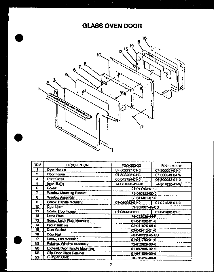 GLASS OVEN DOOR Diagram and Parts List for FDO-250-2W FDO-250-2 W Amana Microwave