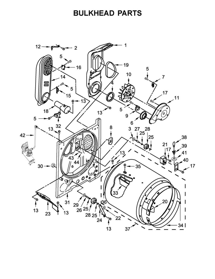 Bulkhead Parts Diagram and Parts List for MGDB766FW0  Maytag Dryer