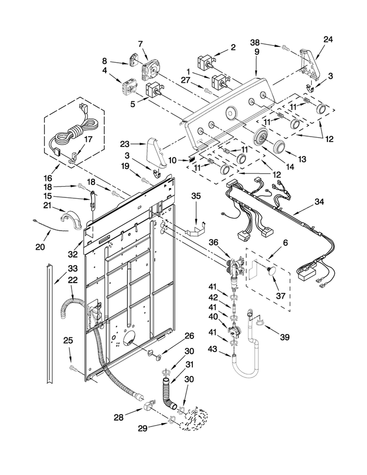 Controls And Rear Panel Parts Diagram and Parts List for MVWC7ESWW0  Maytag Washer