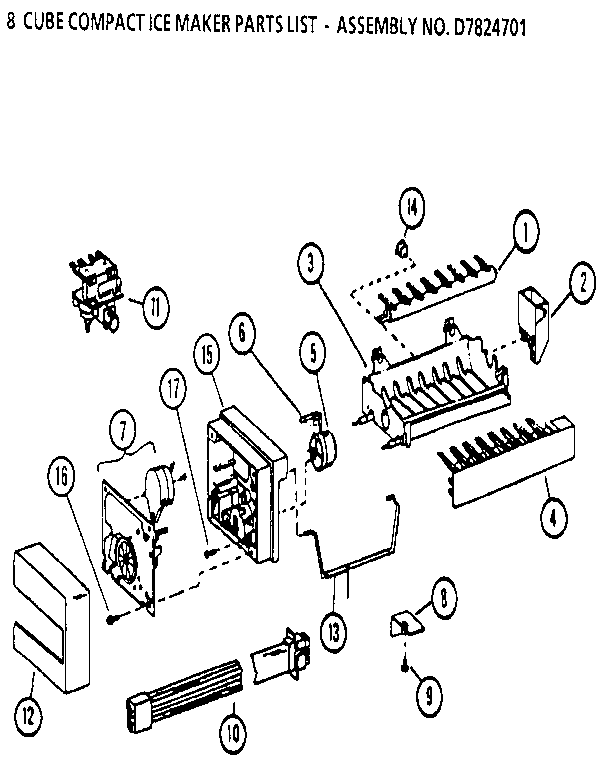 8 Cube Compact Ice Maker Diagram and Parts List for 36271-P1121801W  Amana Refrigerator