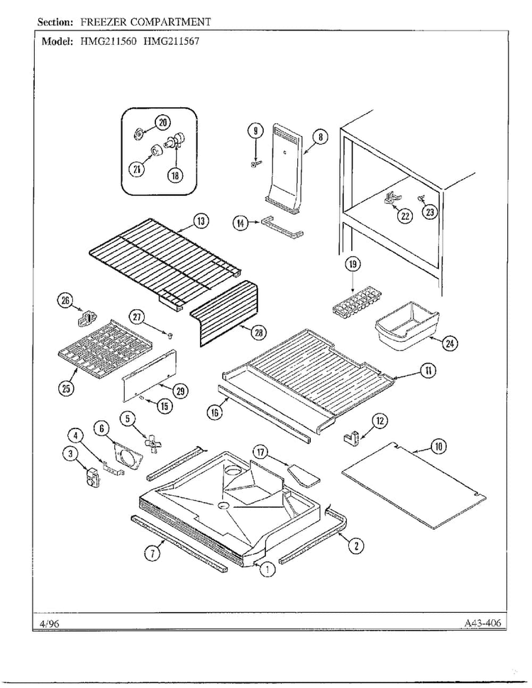 Freezer Compartment Diagram and Parts List for HMG-211560  Admiral Refrigerator