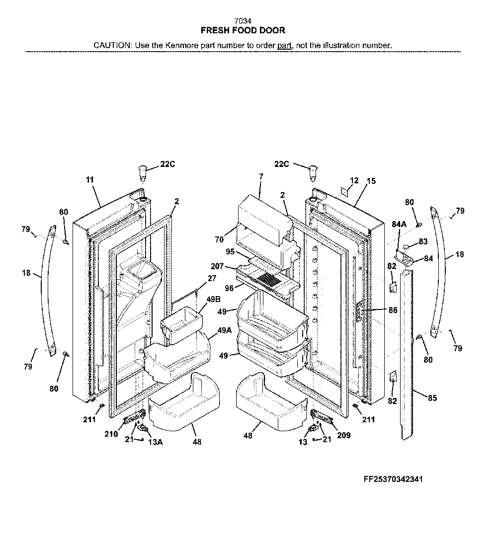 Fresh Food Doors Diagram and Parts List for 2537034941G  Kenmore Refrigerator