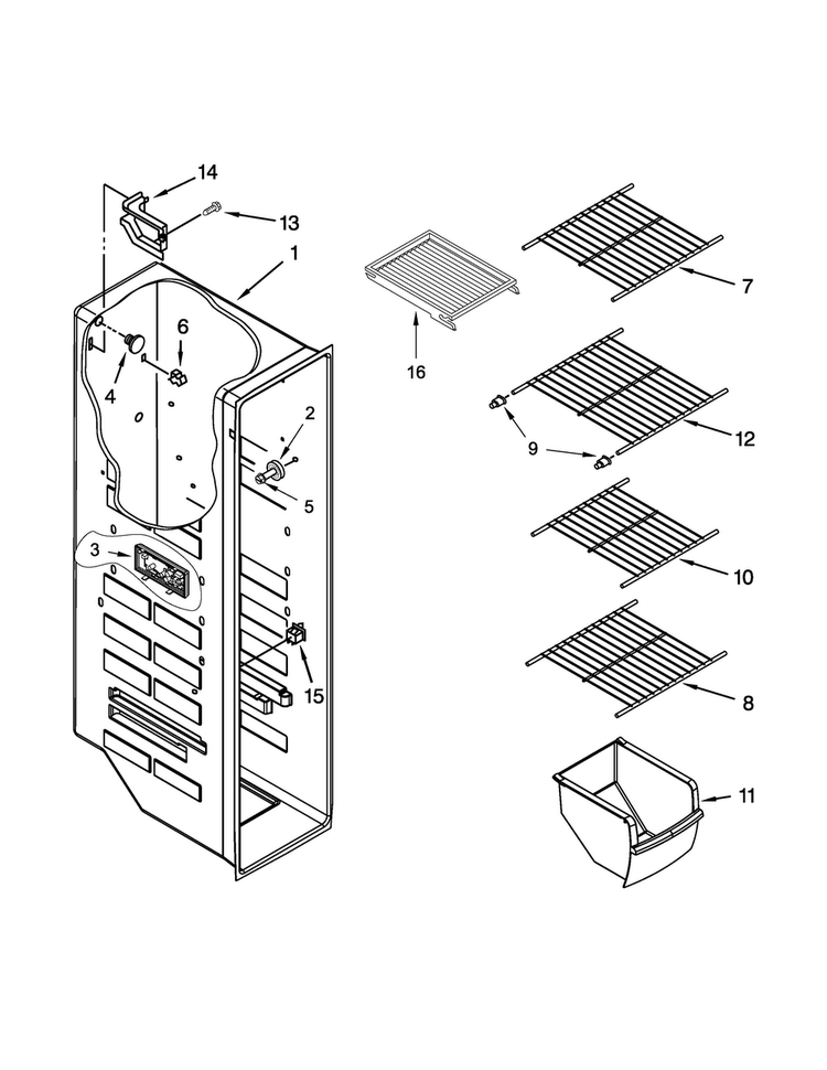 Freezer Liner Parts Diagram and Parts List for 8MSF25N4BW00  Maytag Refrigerator