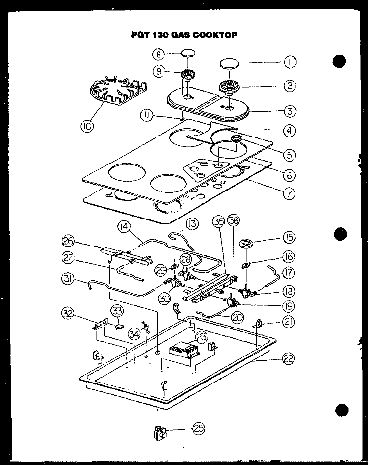 Page 1 Diagram and Parts List for PGT130-UD PGT1300UD Amana Cooktop