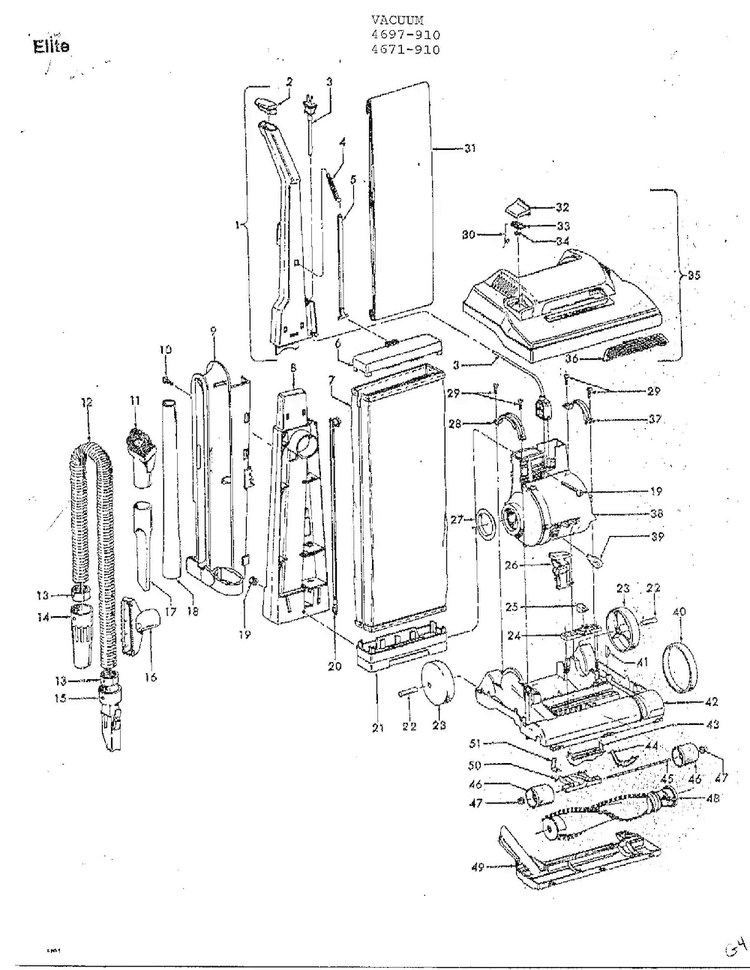 Elite Diagram and Parts List for U4671-910  Hoover Upright Vacuum