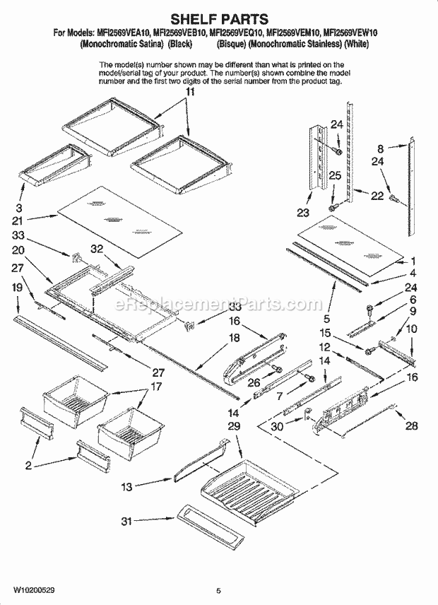 Shelf Parts Diagram and Parts List for MFI2569VEB10  Maytag Refrigerator
