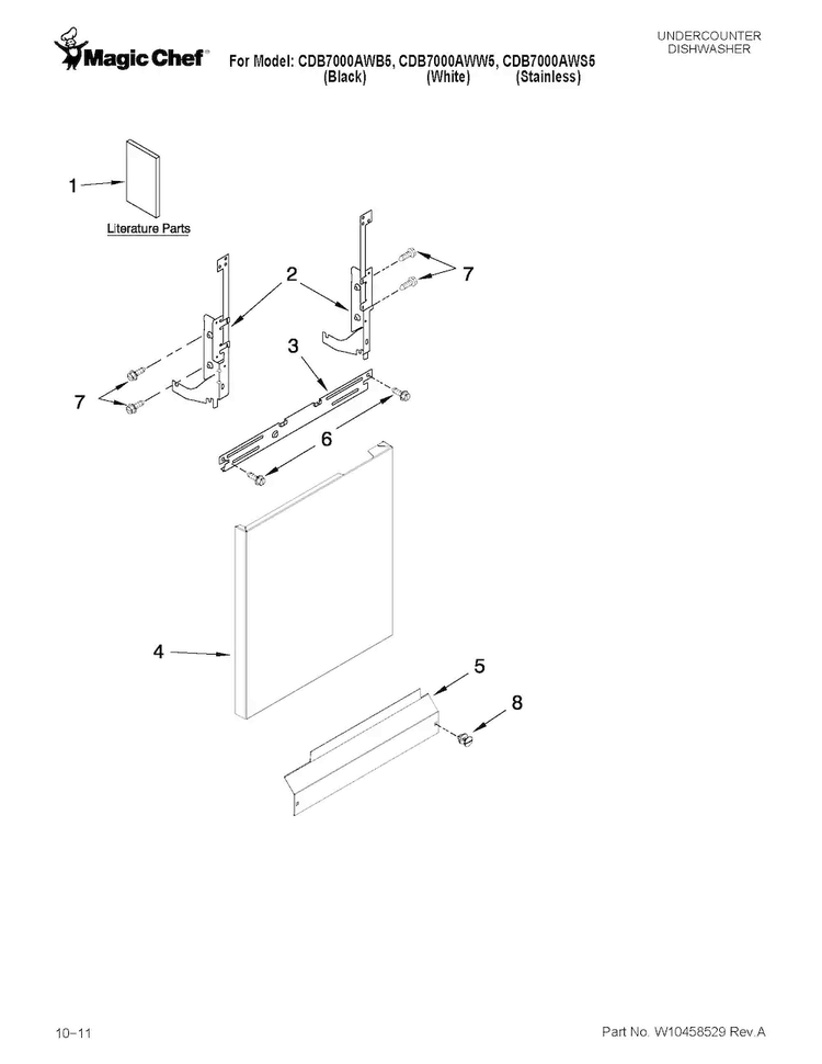 Door And Panel Parts Diagram and Parts List for CDB7000AWW5  Magic Chef Dishwasher