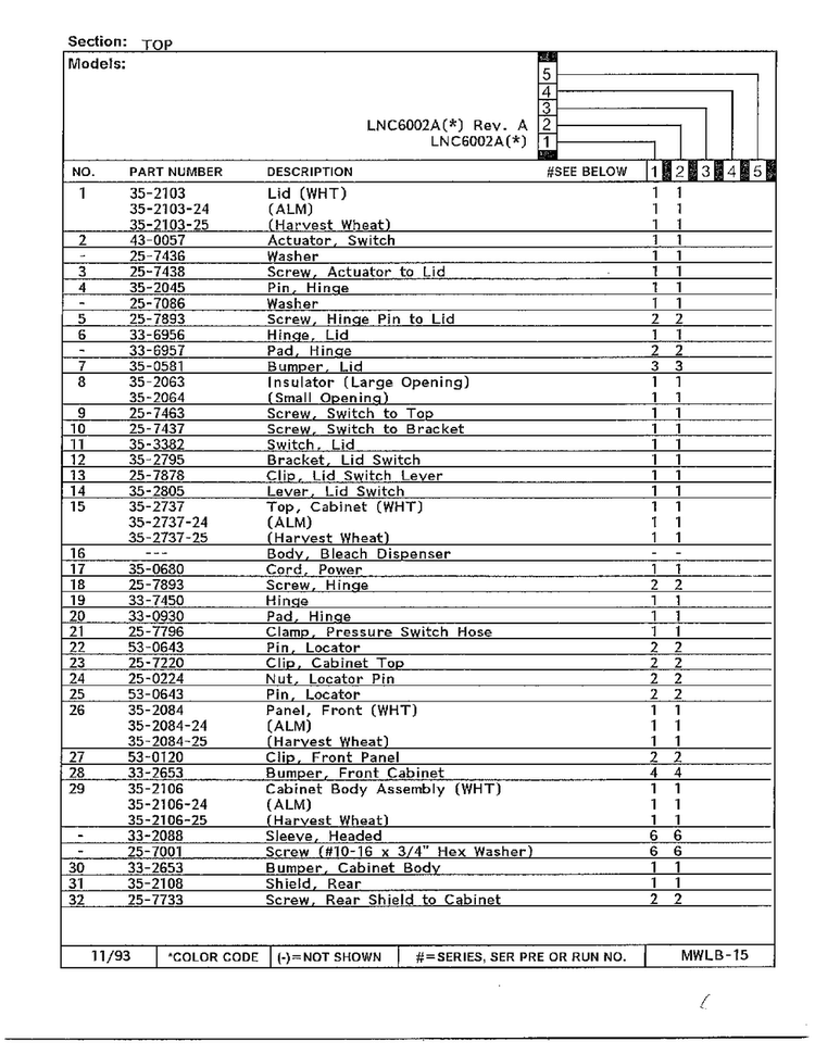 Top Page 2 Diagram and Parts List for 6002A REV A Norge Washer