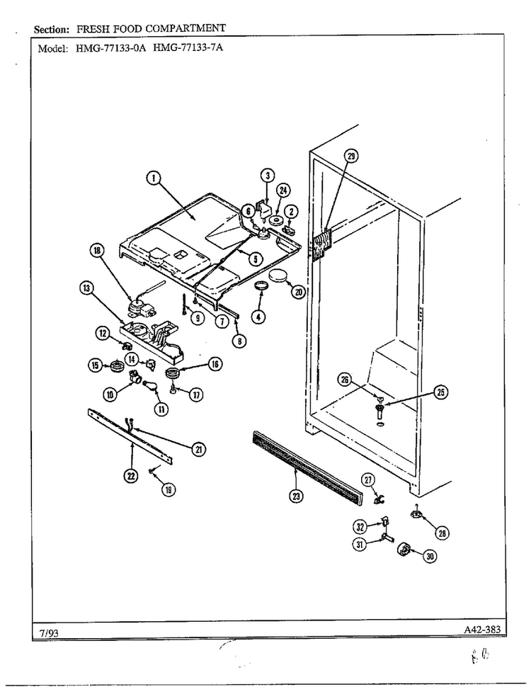 Fresh Food Compartment Diagram and Parts List for 77133-0A  Admiral Refrigerator