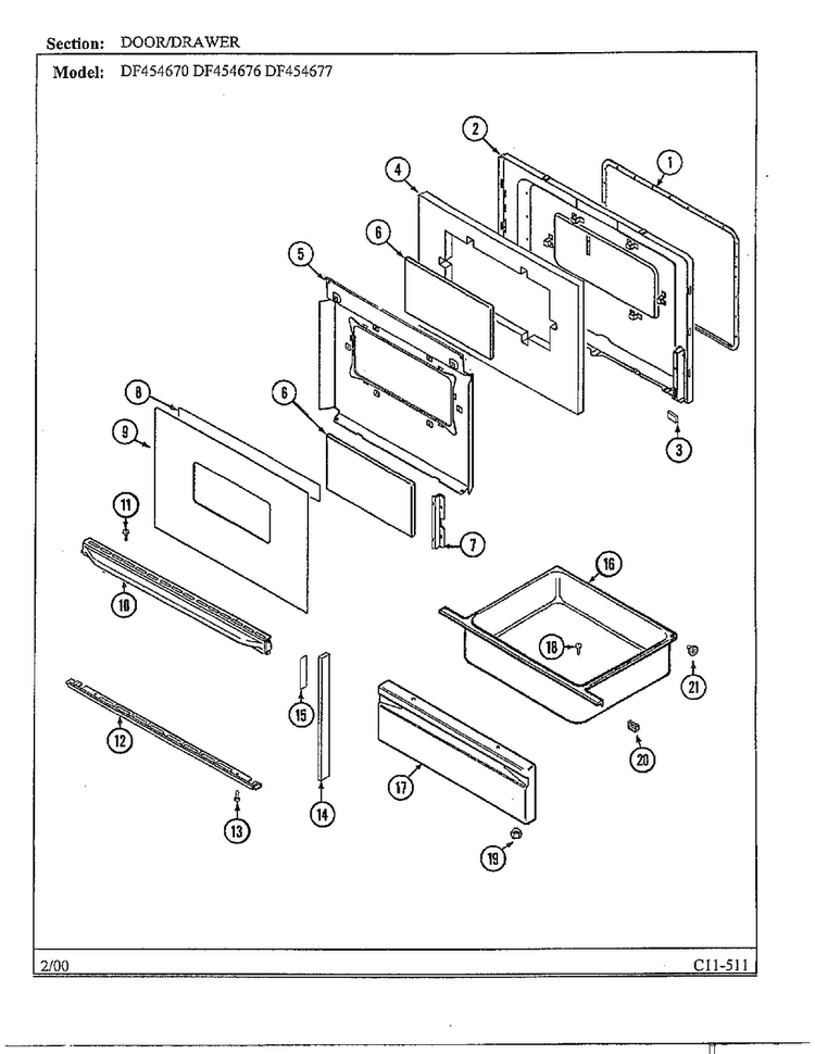 Door/drawer Diagram and Parts List for DF454670  Magic Chef Range