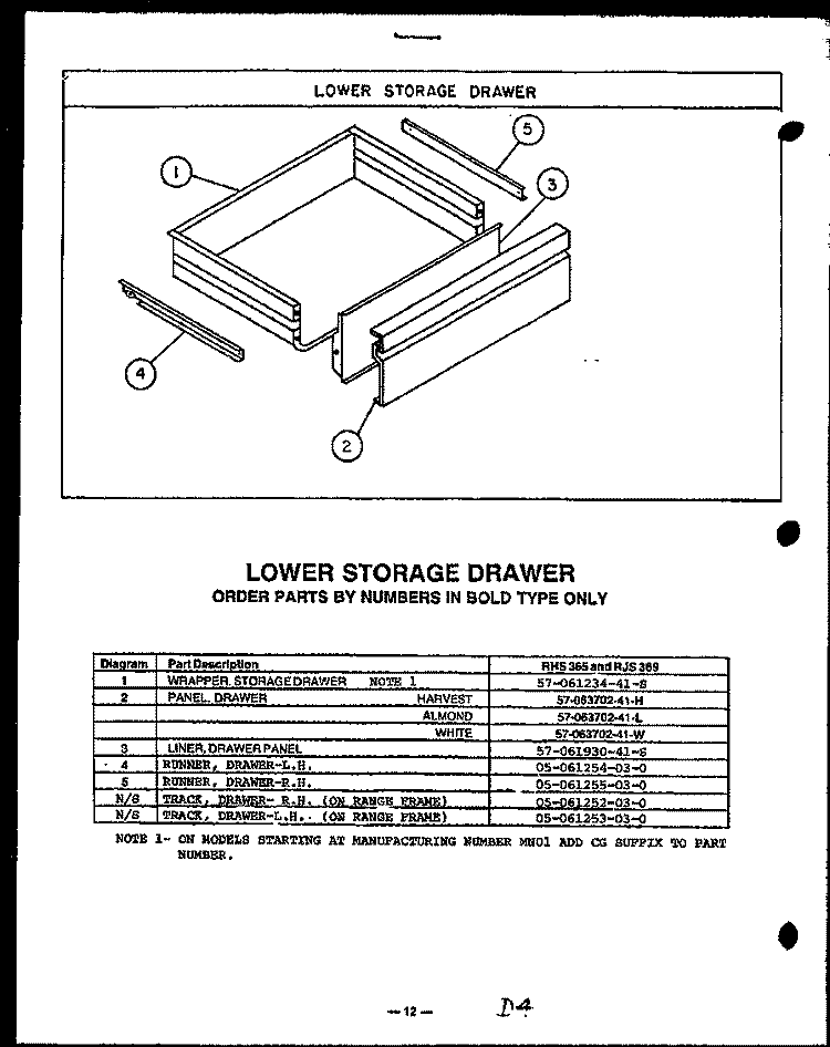 LOWER STORAGE DRAWER Diagram and Parts List for RJS369  Caloric Cooktop