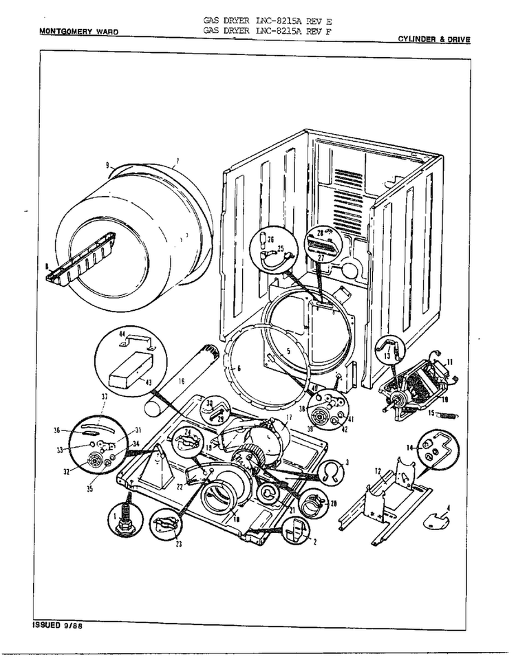 Gas Dryer/ Cylinder & Drive Diagram and Parts List for 8215A REV F Norge Dryer