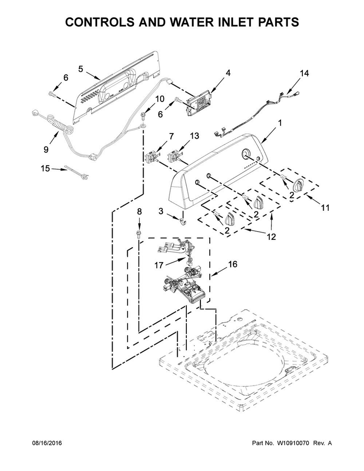 Controls And Water Inlet Parts Diagram and Parts List for NTW4655EW1  Amana Washer