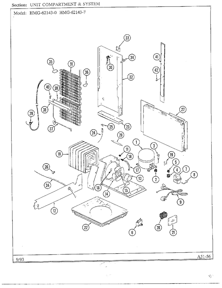 Unit Compartment And System Diagram and Parts List for 62143-0A  Admiral Refrigerator