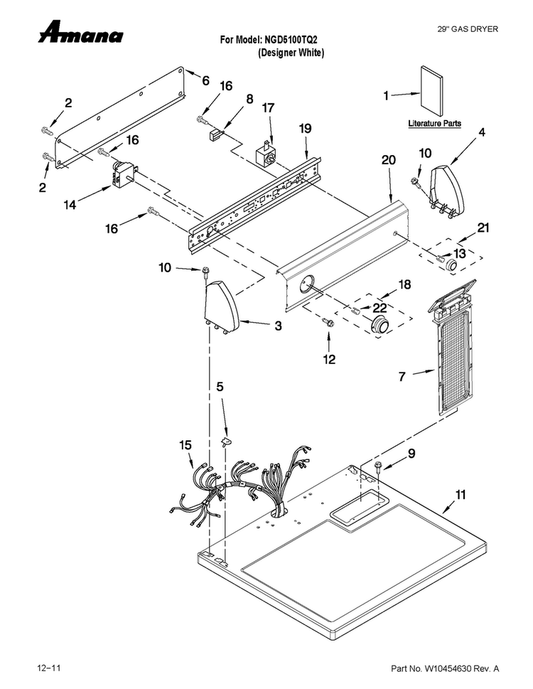 Top And Console Parts Diagram and Parts List for NGD5100TQ2  Amana Dryer