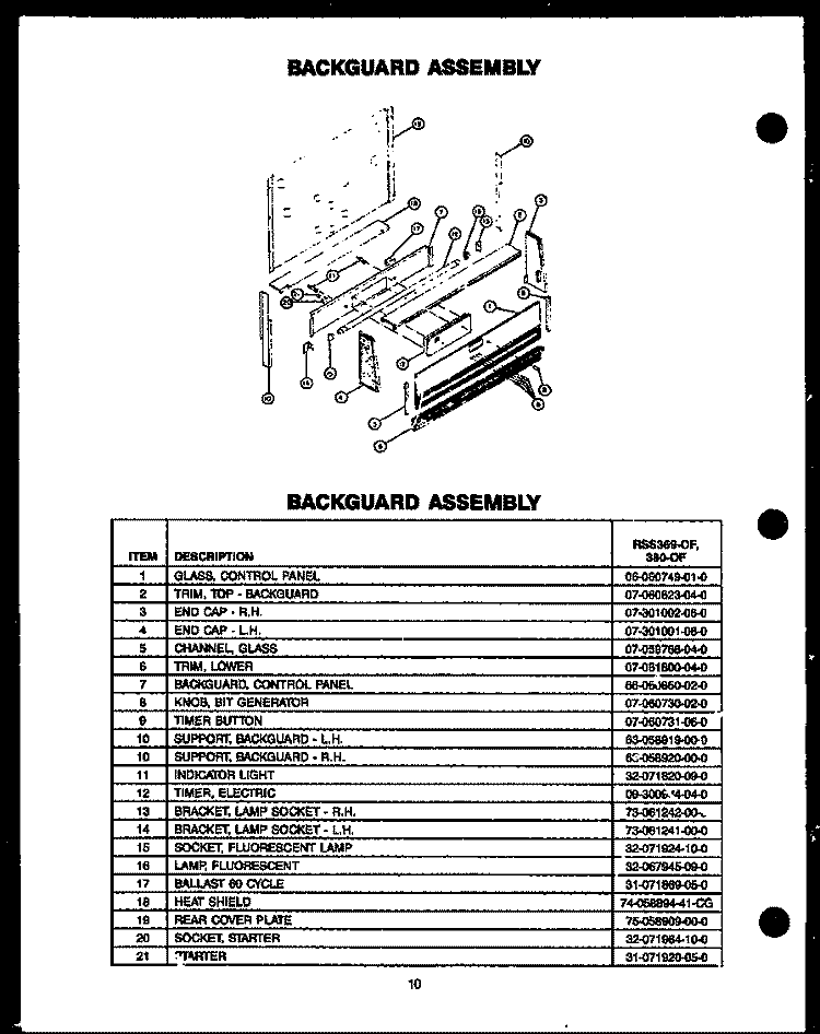 BACKGUARD ASSY Diagram and Parts List for RSS380-OF RSS3800OF Caloric Range