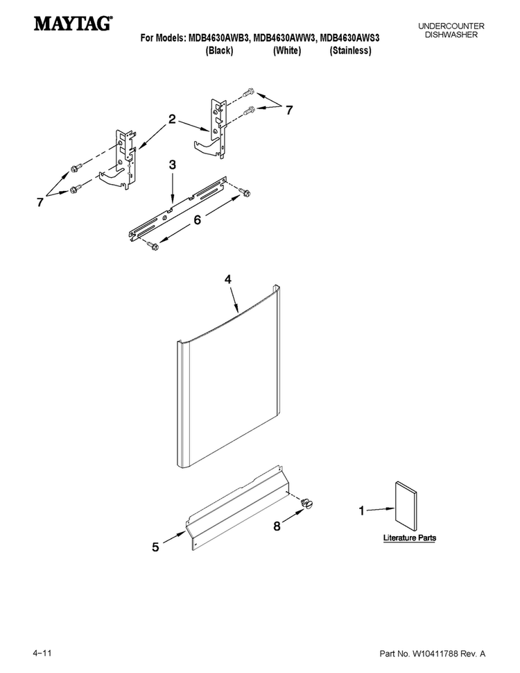 Door And Panel Parts Diagram and Parts List for MDB4630AWS3  Maytag Dishwasher