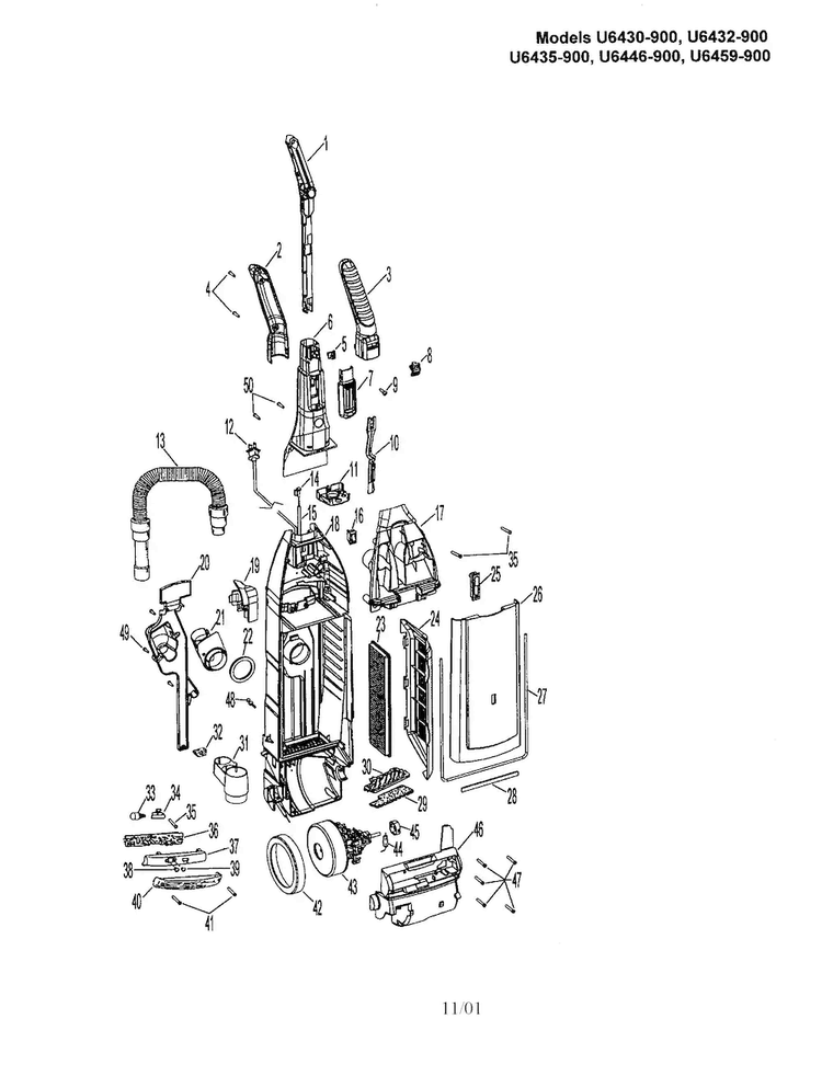 Handle, Housing And Motor Diagram and Parts List for U6430-900  Hoover Upright Vacuum