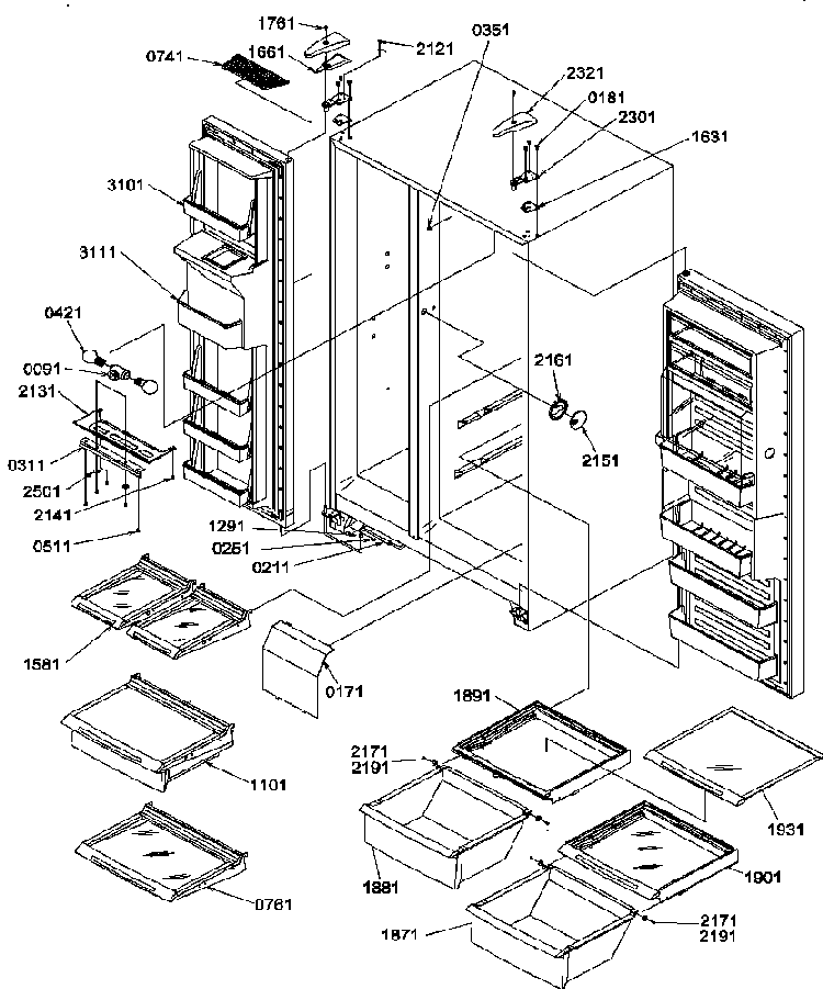 Refrigerator/freezer Shelves, Lights, And Hinges Diagram and Parts List for SRD20TPW-P1190811WW  Amana Refrigerator
