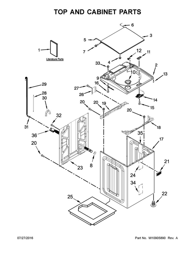 Top And Cabinet Parts Diagram and Parts List for MVWB855DC1  Maytag Washer