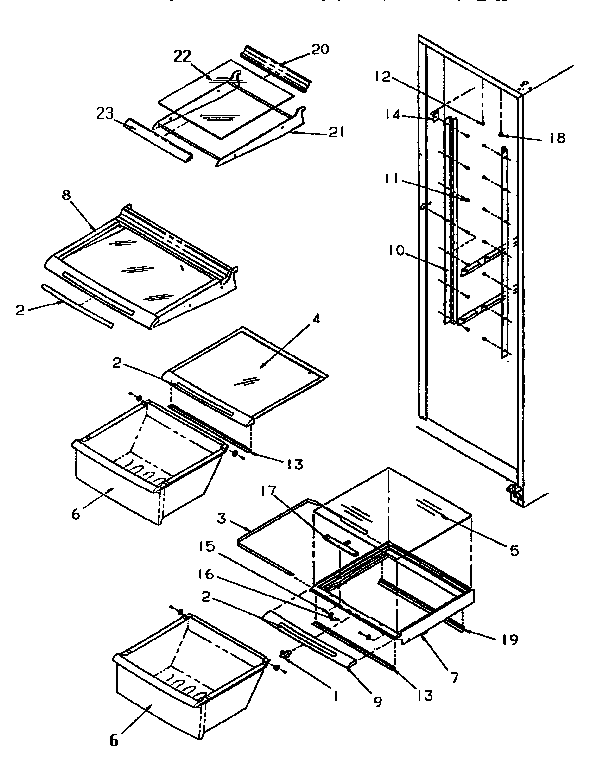 Refrigerator Shelving And Drawers Diagram and Parts List for SSD25SL-P119042WL  Amana Refrigerator