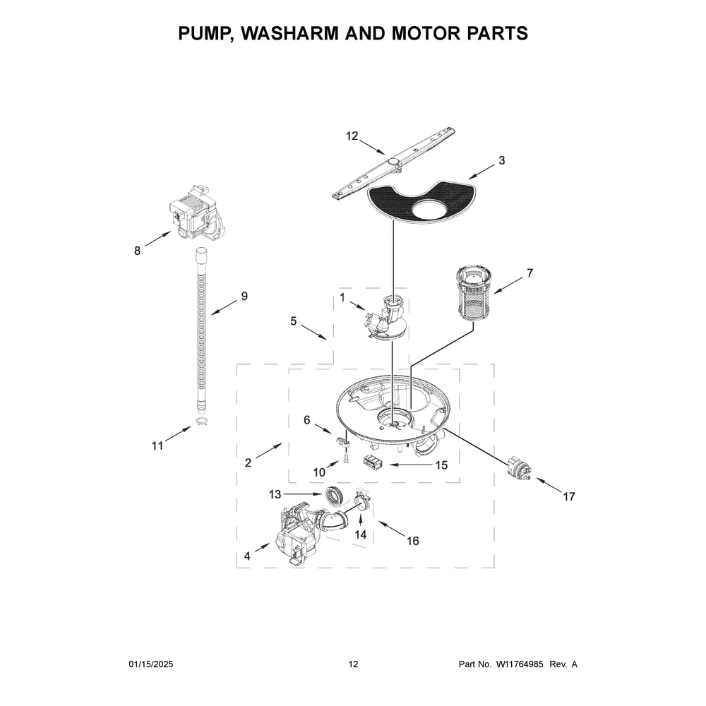 Pump, Washarm And Motor Parts Diagram and Parts List for ADFS2524RZ0  Amana Dishwasher