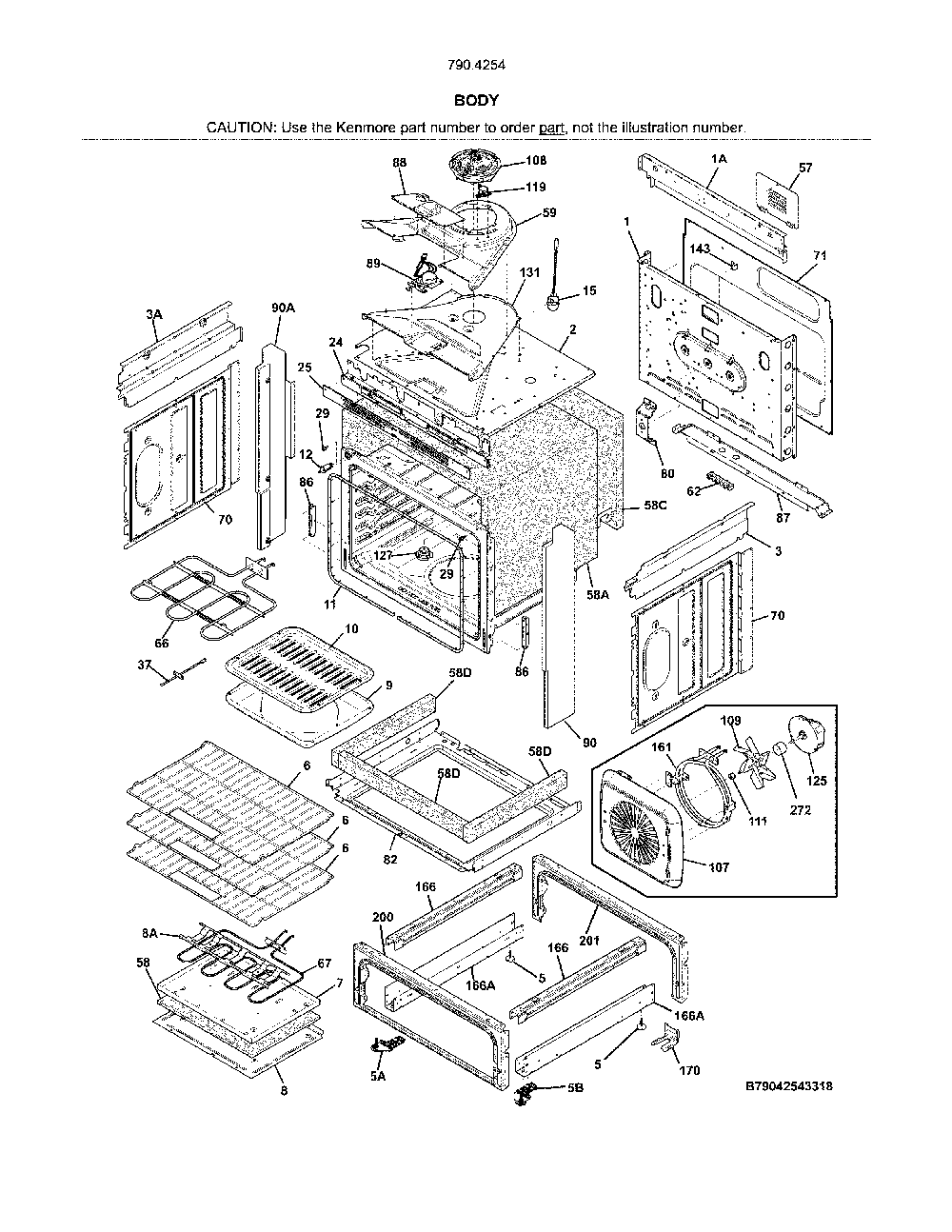 Body Diagram and Parts List for 79042543319  Kenmore Range