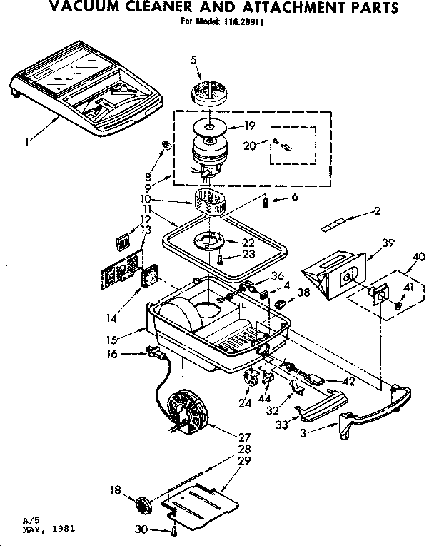 Base Assembly Diagram and Parts List for 11620911  Kenmore Canister Vacuum