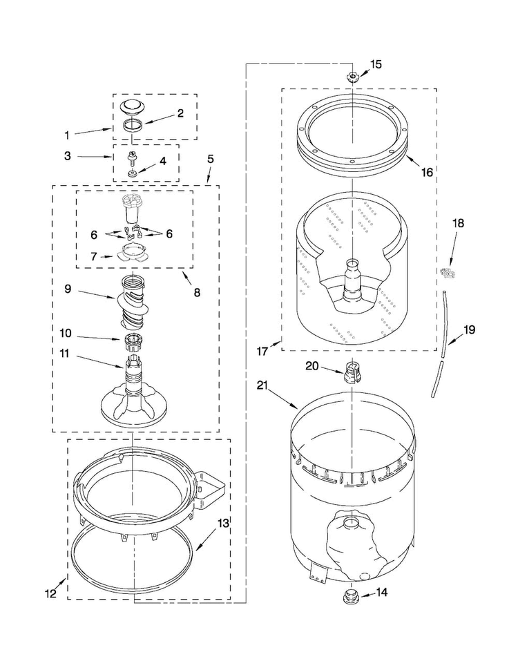 Agitator, Basket And Tub Parts Diagram and Parts List for ATW4475XQ0  Admiral Washer