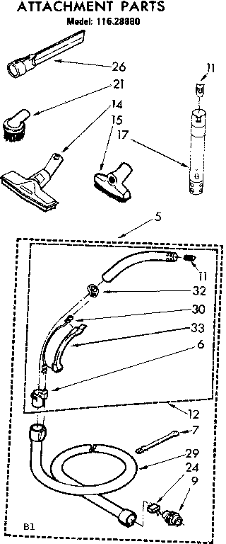 Attachment Parts Diagram and Parts List for 11628880  Kenmore Canister Vacuum