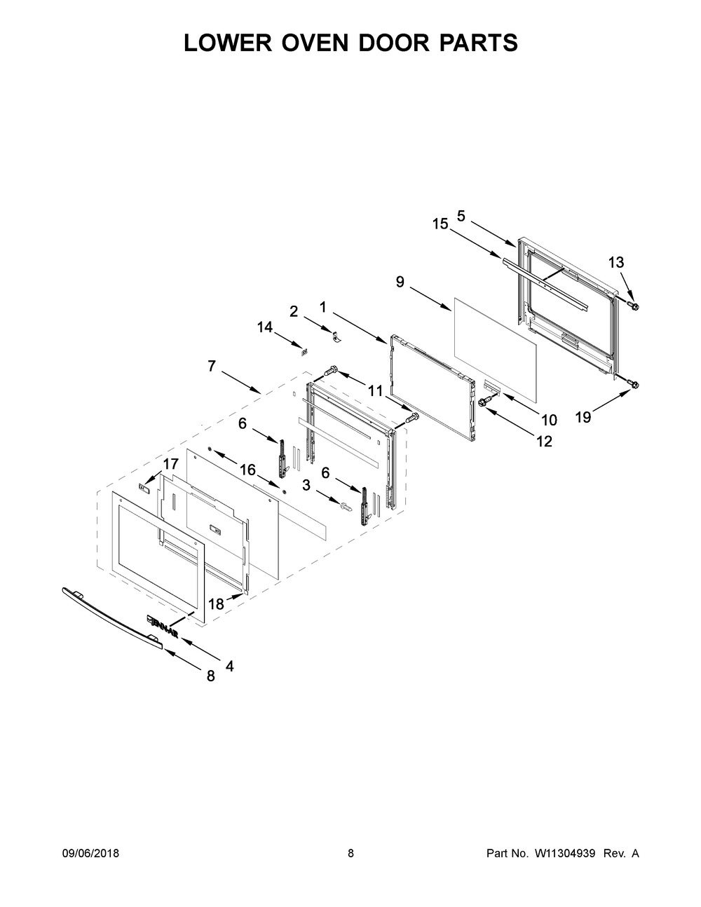 Lower Oven Door Parts Diagram and Parts List for JJW2730DS03  Maytag Wall Oven