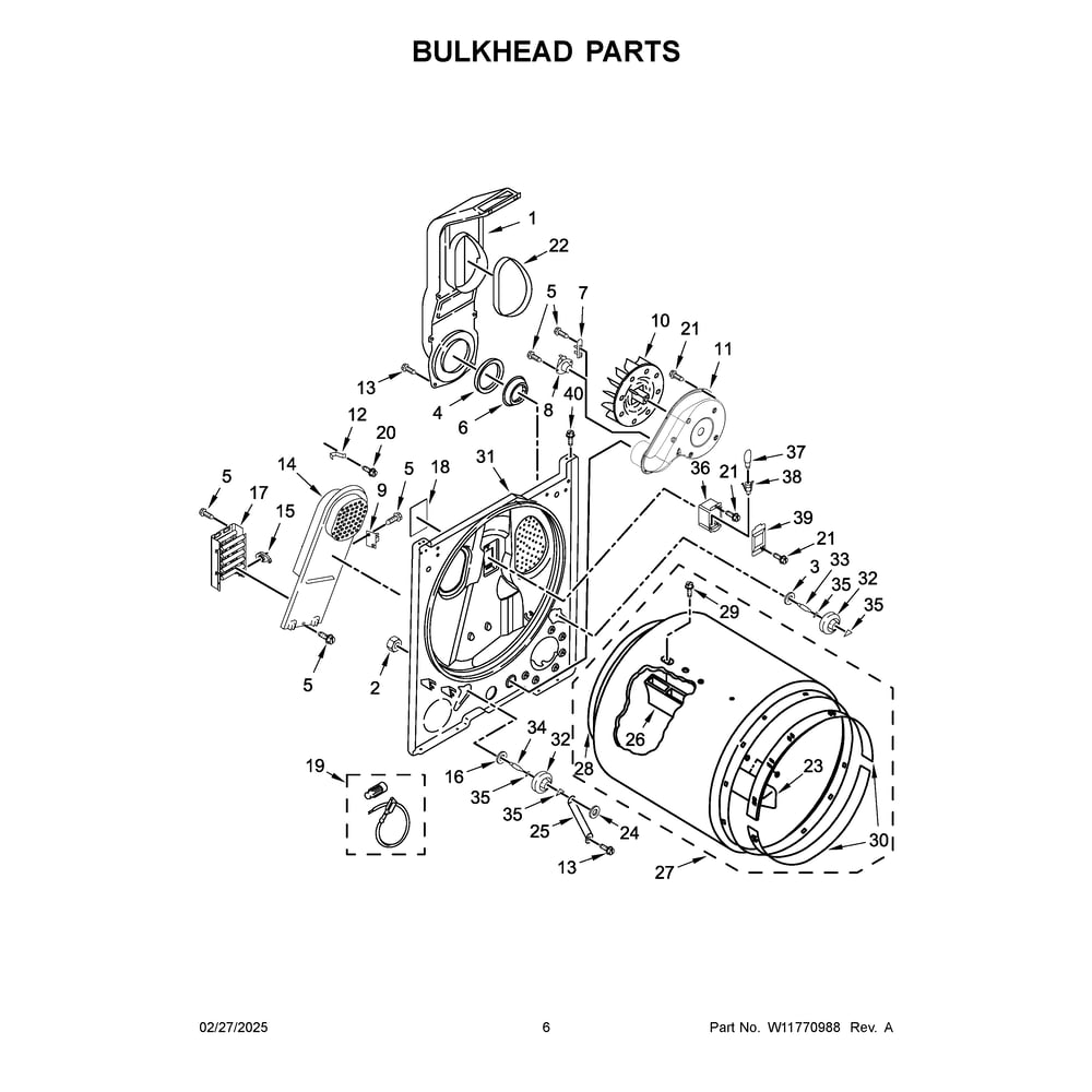 Bulkhead Parts Diagram and Parts List for MED4005SW0  Maytag Dryer