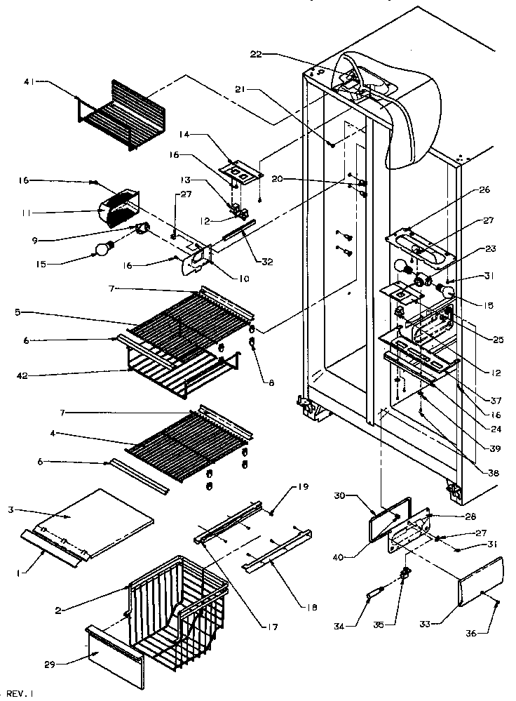 Freezer Shelving And Refrigerator Light Diagram and Parts List for SPD25AW-P1162435WW  Amana Refrigerator