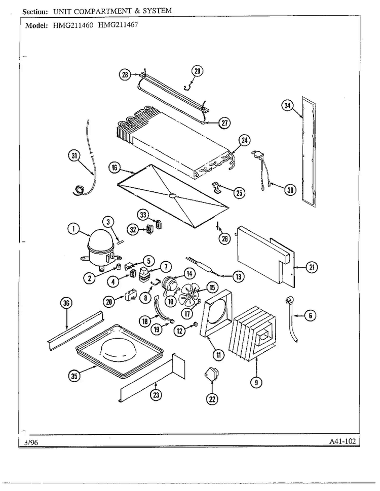 Unit Compartment And System Diagram and Parts List for HMG211460  Admiral Refrigerator