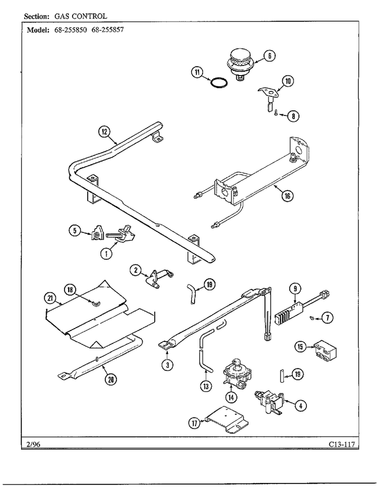 Gas Controls Diagram and Parts List for 68-255857  Magic Chef Range