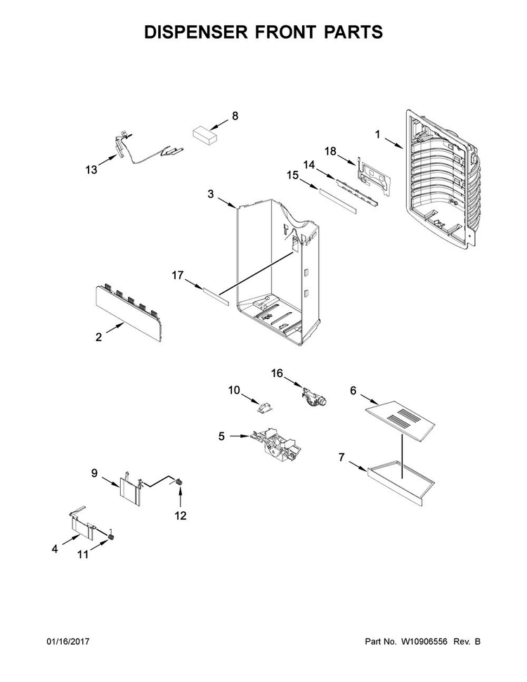 Dispenser Front Parts Diagram and Parts List for JFFCC72EFP00  Jenn-Air Refrigerator