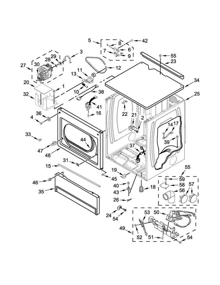 Upper Cabinet And Front Panel Parts Diagram and Parts List for MLG27PDBWW1  Maytag Dryer