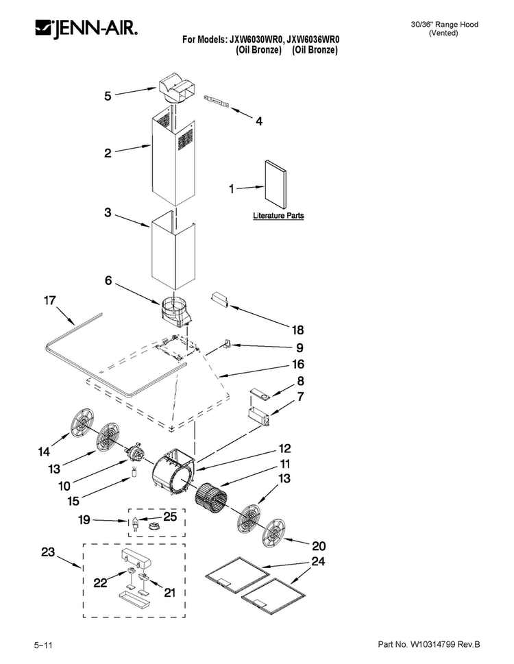 Hood Parts Diagram and Parts List for JXW6030WR0  Jenn-Air Range Hood
