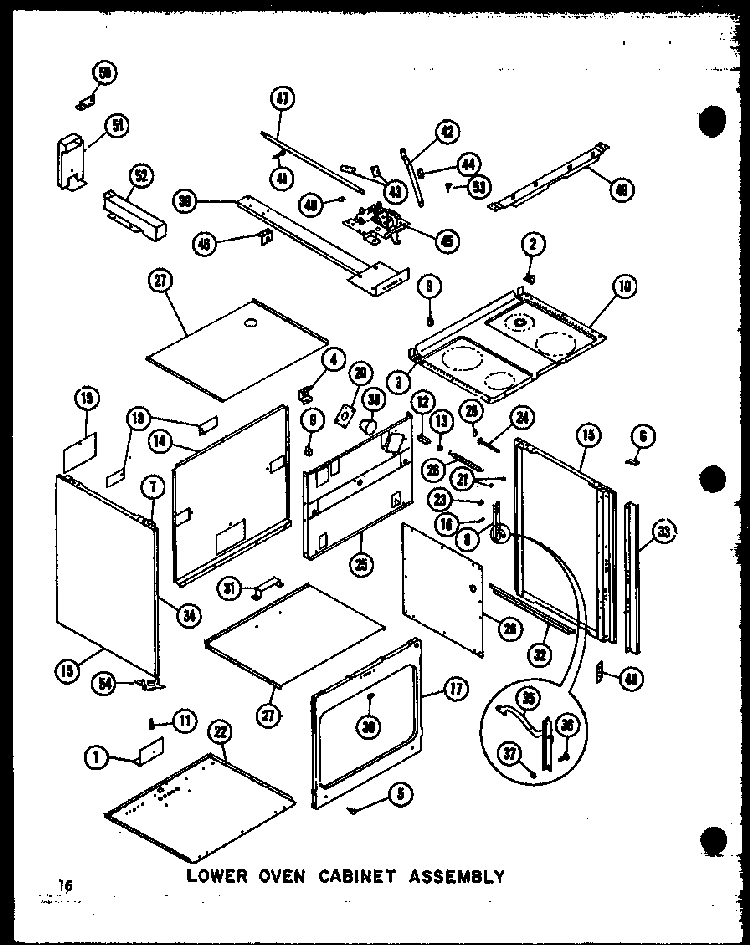 Lower Oven Cabinet Assembly Diagram and Parts List for RCC-4 P73409-1M Amana Microwave