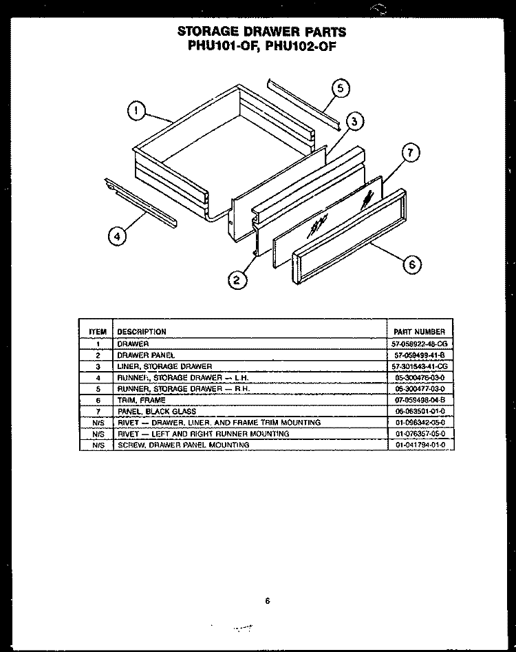 STORAGE DRAWER PARTS Diagram and Parts List for PHU101-OF PHU1010OF Amana Range