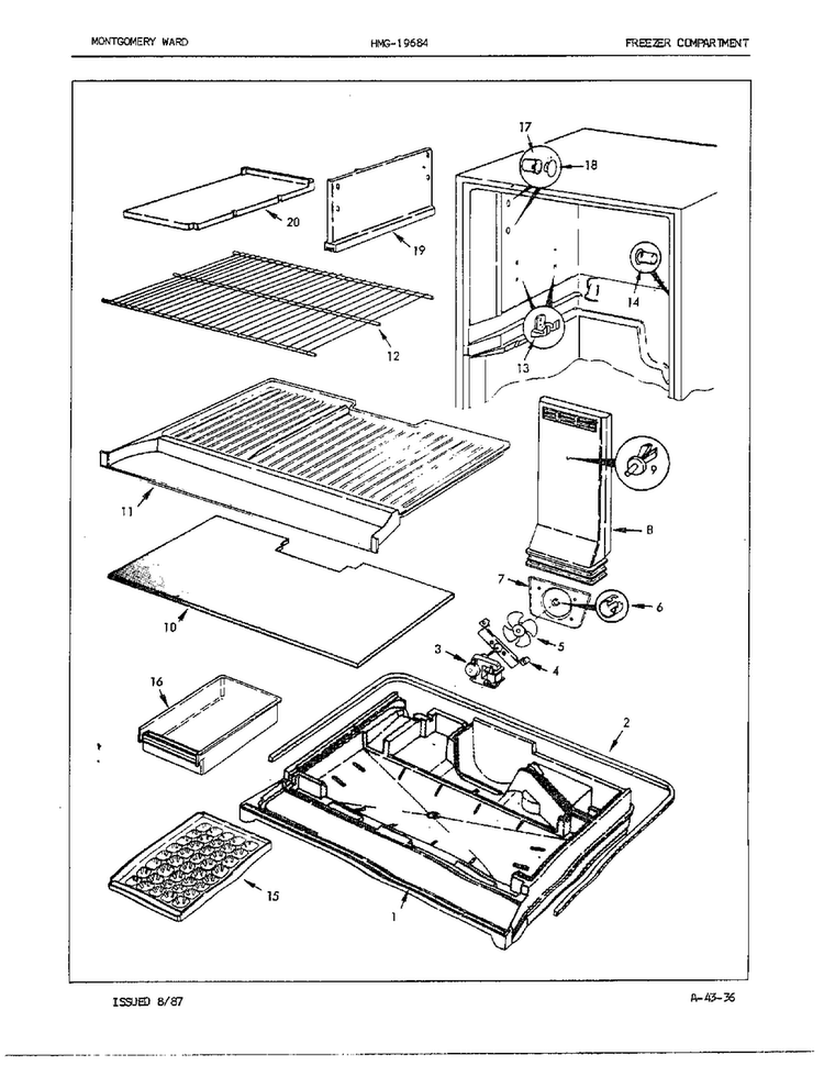 Freezer Compartment Diagram and Parts List for 19684  Admiral Refrigerator