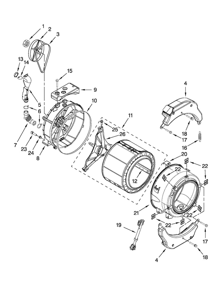 Tub And Basket Parts Diagram and Parts List for MLE20PDBZW0  Maytag Washer Dryer Combo