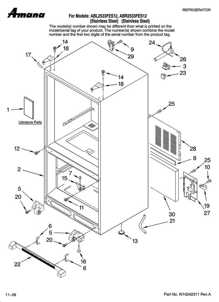 Cabinet Parts Diagram and Parts List for ABL2533FES12  Amana Refrigerator