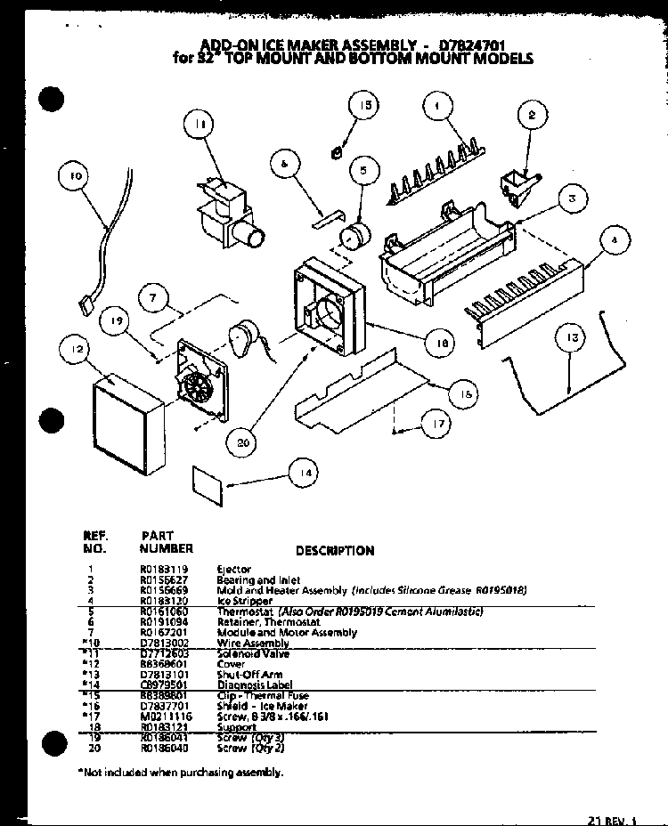 Add-on Ice Maker Assembly Diagram and Parts List for BR20QBW-P1125509WW  Amana Refrigerator