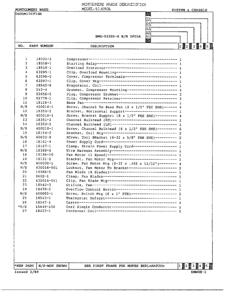 System And Chassis Page 2 Diagram and Parts List for 933090A  Admiral Dehumidifier