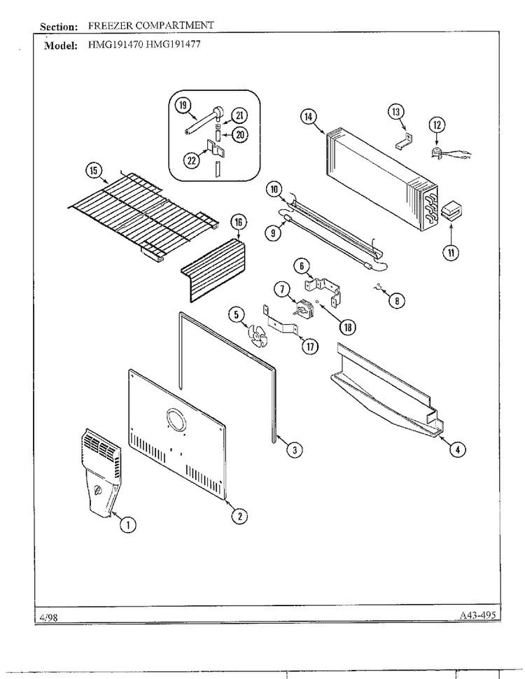 Freezer Compartment Diagram and Parts List for HMG191470  Admiral Refrigerator