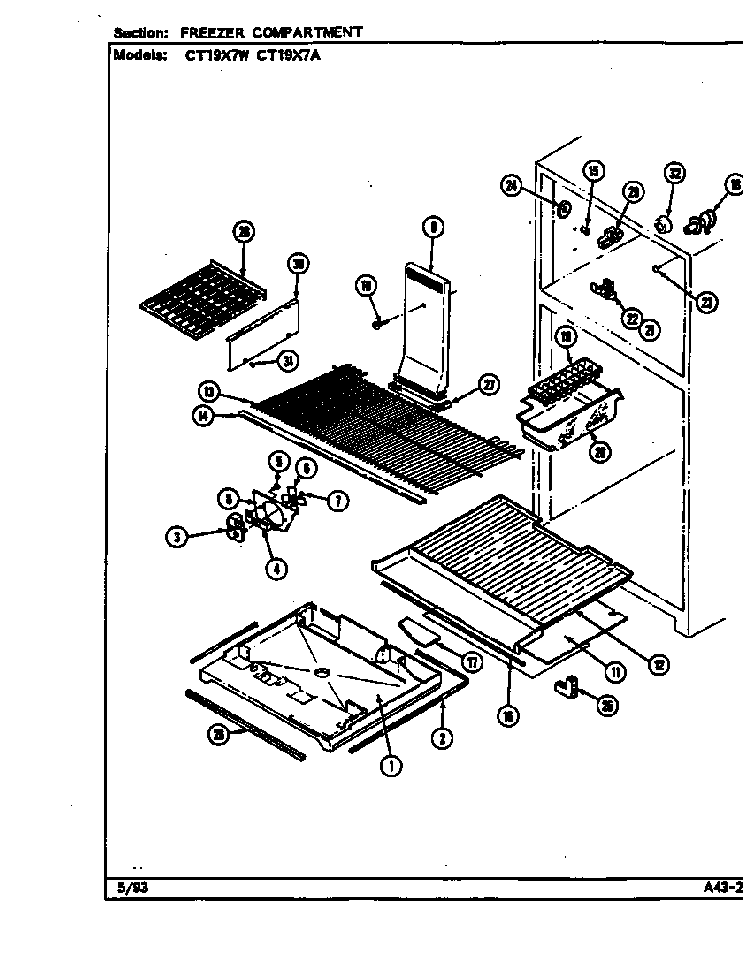 Freezer Compartment Diagram and Parts List for CT19X7W DC67A Crosley Refrigerator