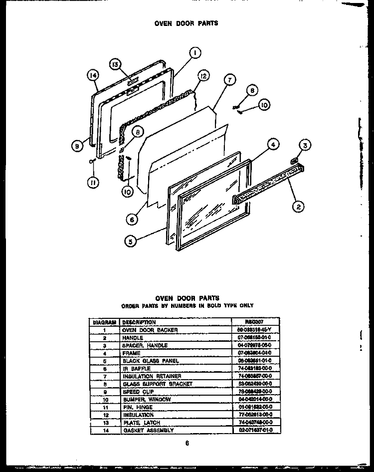 OVEN DOOR PARTS Diagram and Parts List for RSD307  Caloric Range