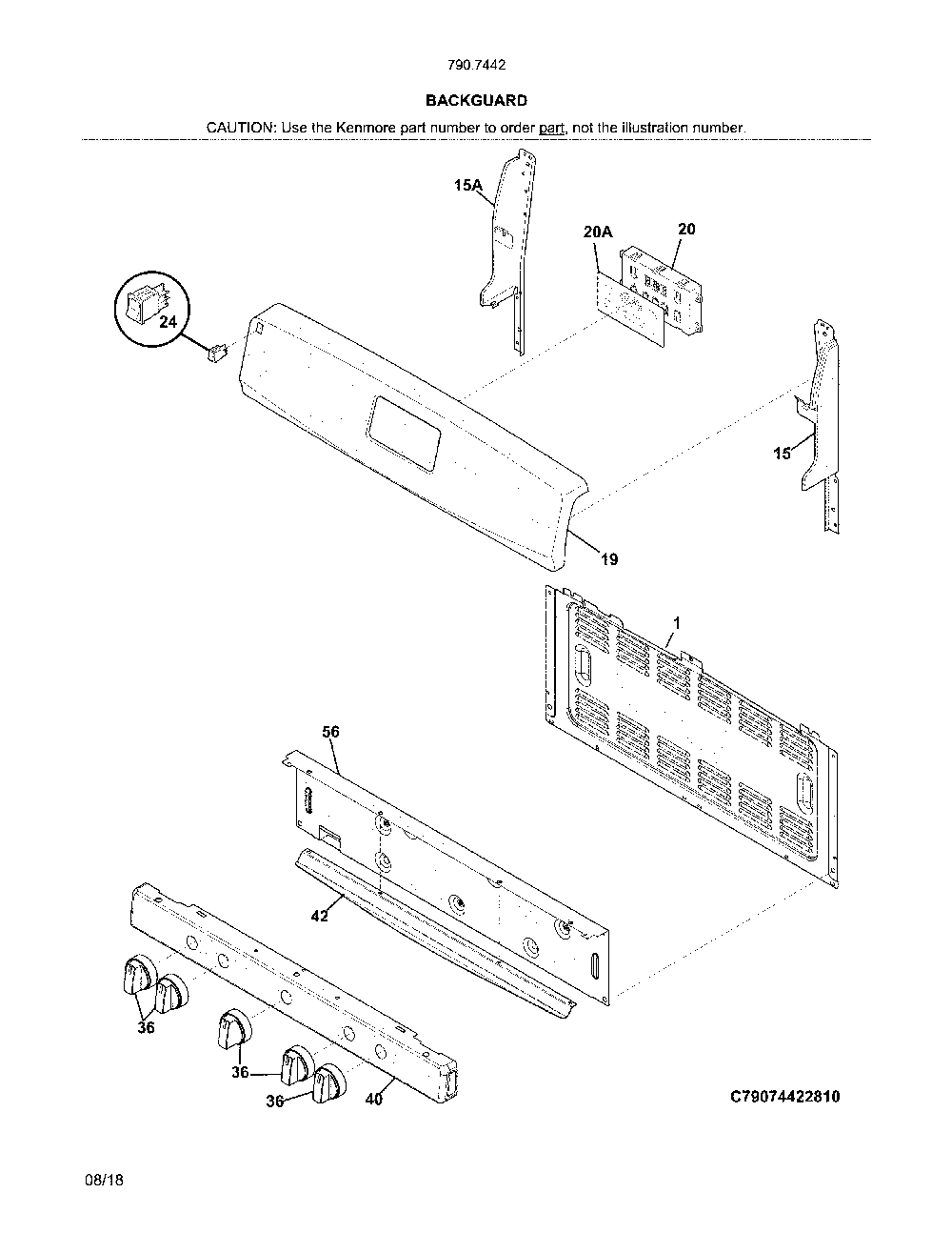 Backguard Diagram and Parts List for 79074429810  Kenmore Range