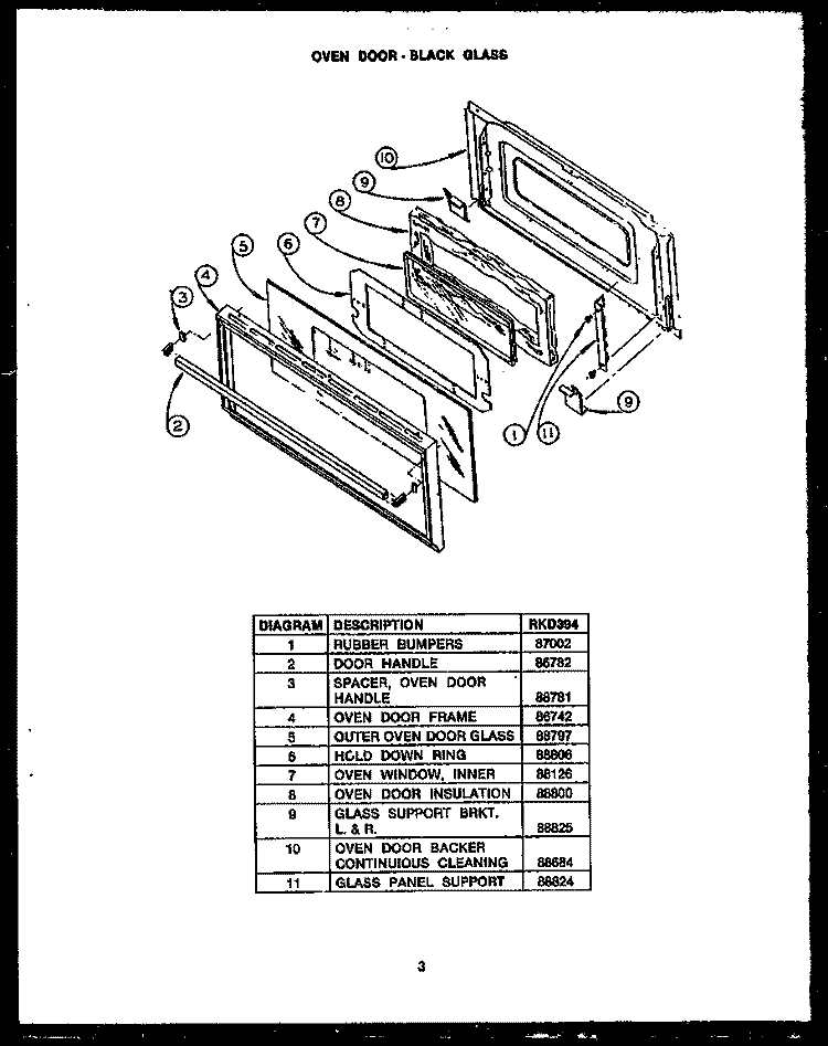 OVENDOOR - BLACK GLASS Diagram and Parts List for RKD394  Caloric Microwave Oven Combo